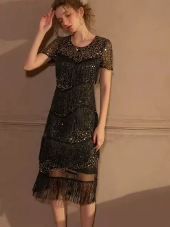 Best Retro Stage 1920s Sequined Tassel Flapper Dress Black