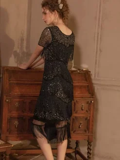 Best Retro Stage 1920s Sequined Tassel Flapper Dress Black