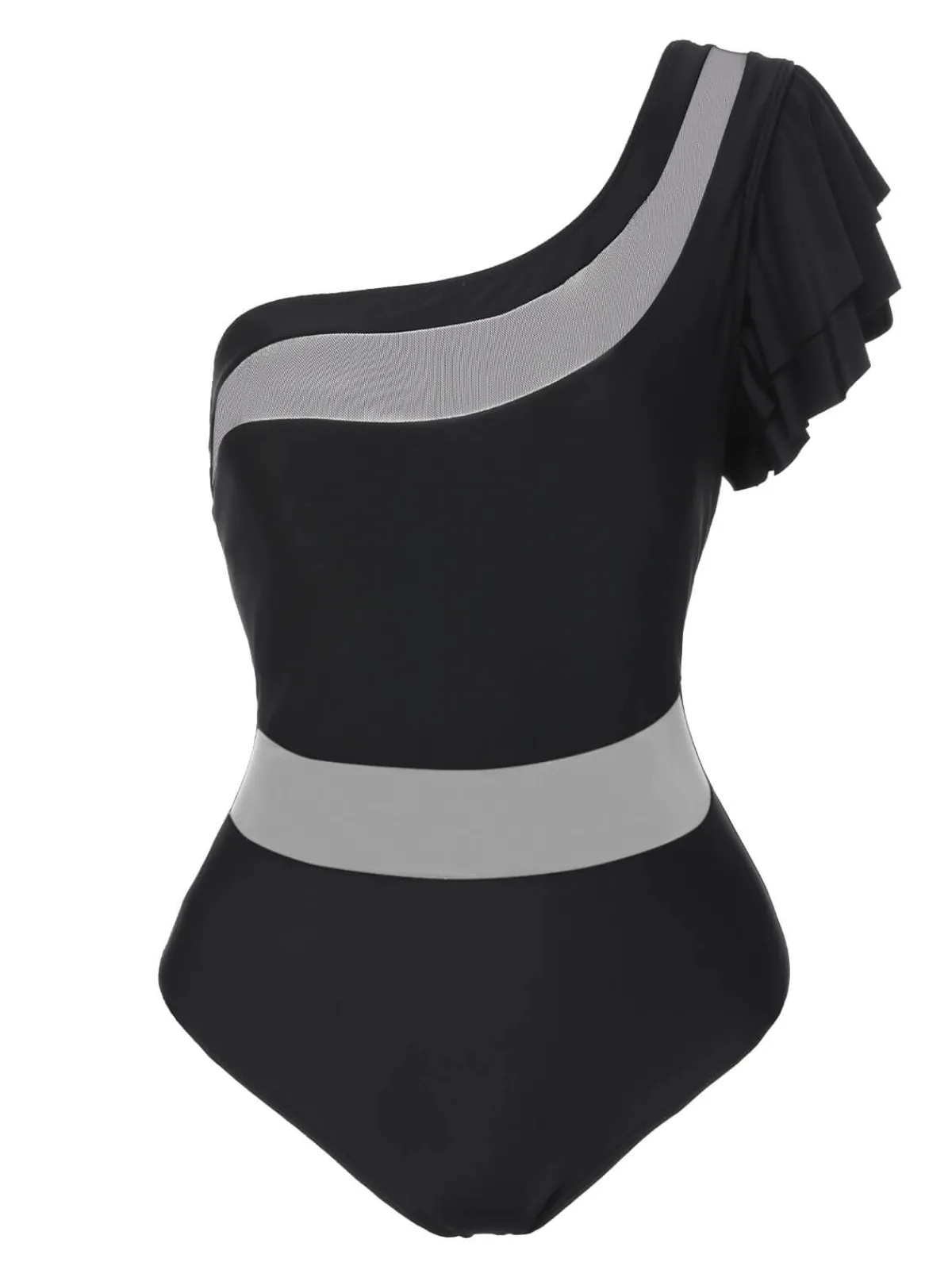 Fashion Retro Stage 1950s Sheer Patchwork One-Shoulder Swimsuit Black