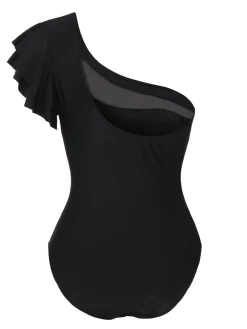Fashion Retro Stage 1950s Sheer Patchwork One-Shoulder Swimsuit Black