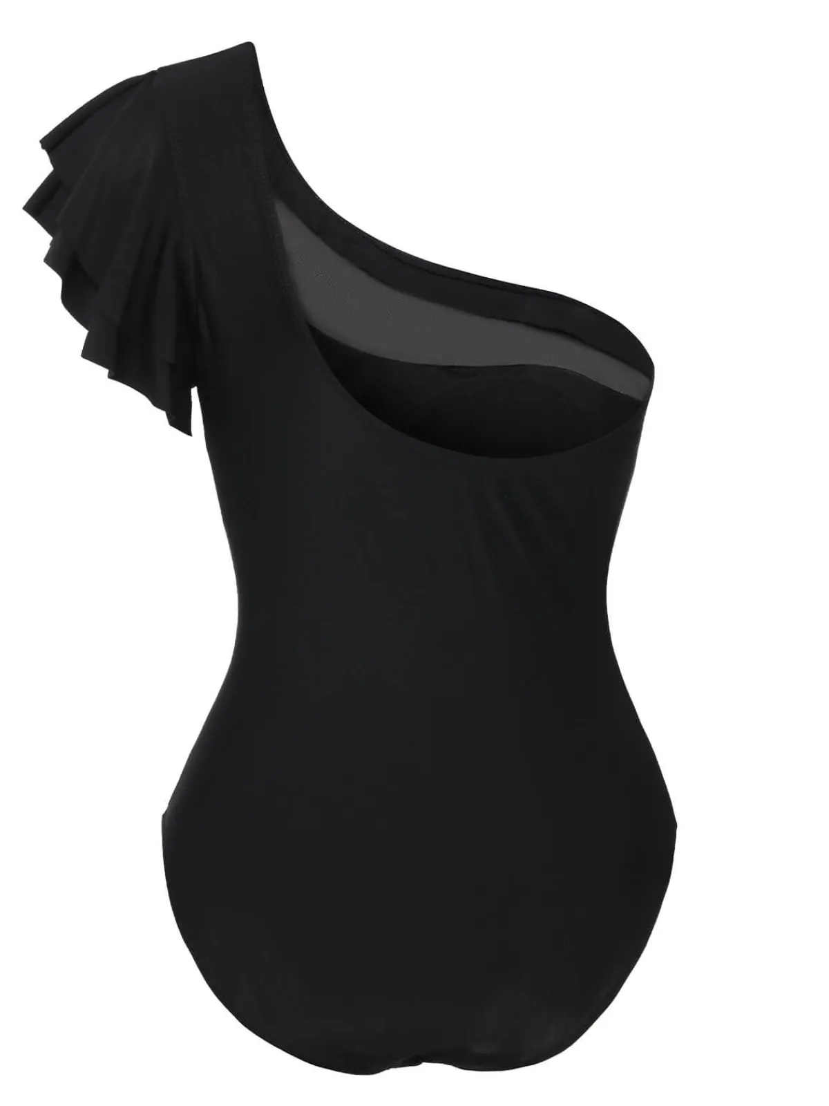 Fashion Retro Stage 1950s Sheer Patchwork One-Shoulder Swimsuit Black