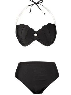 Hot Retro Stage 1960s Shell Pearl Halter Bikini Set Black