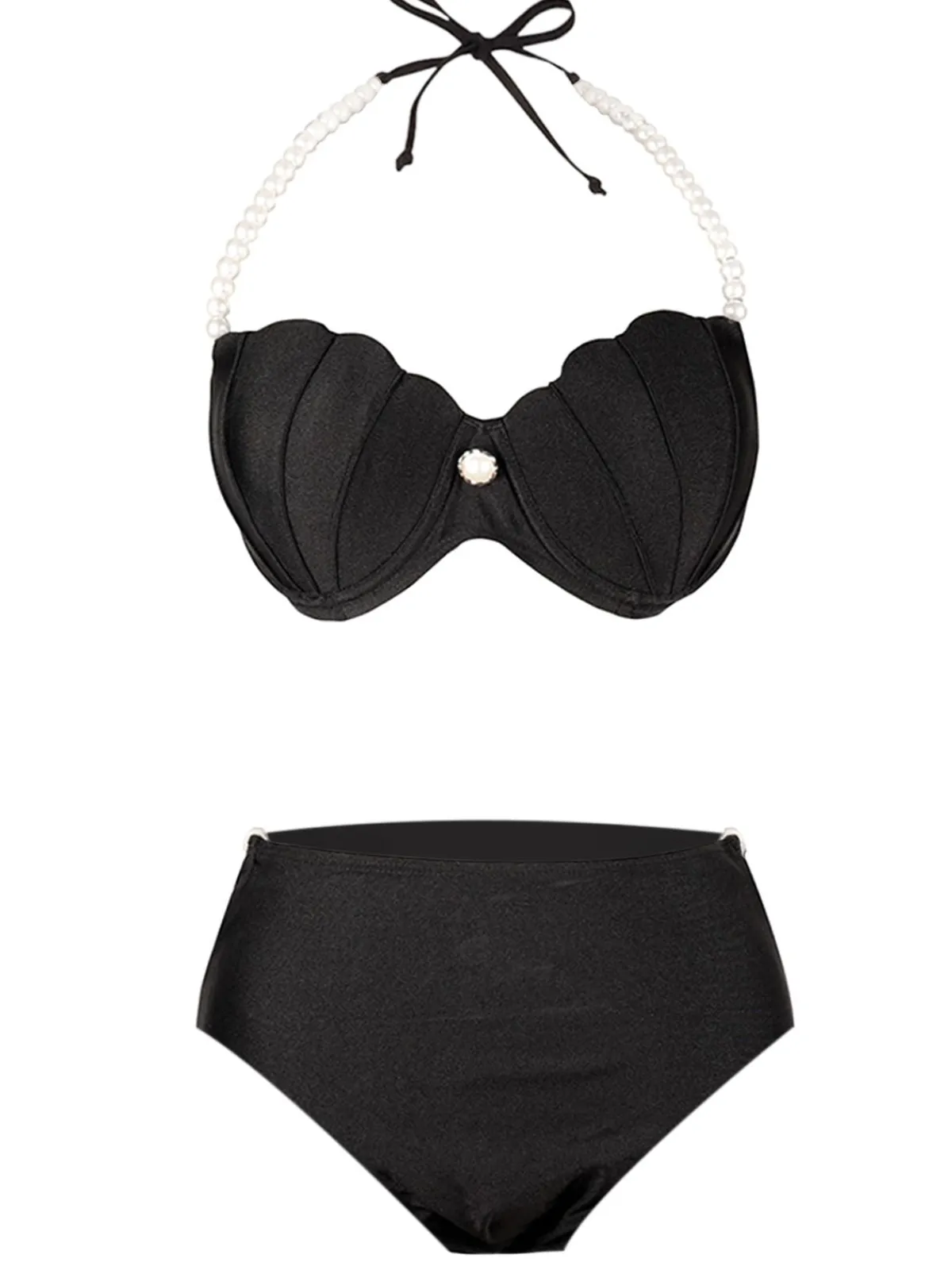 Hot Retro Stage 1960s Shell Pearl Halter Bikini Set Black