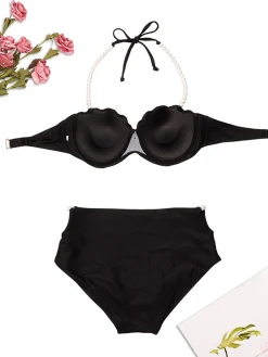 Hot Retro Stage 1960s Shell Pearl Halter Bikini Set Black