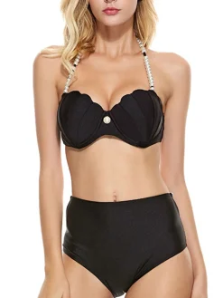 Hot Retro Stage 1960s Shell Pearl Halter Bikini Set Black