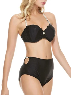 Hot Retro Stage 1960s Shell Pearl Halter Bikini Set Black