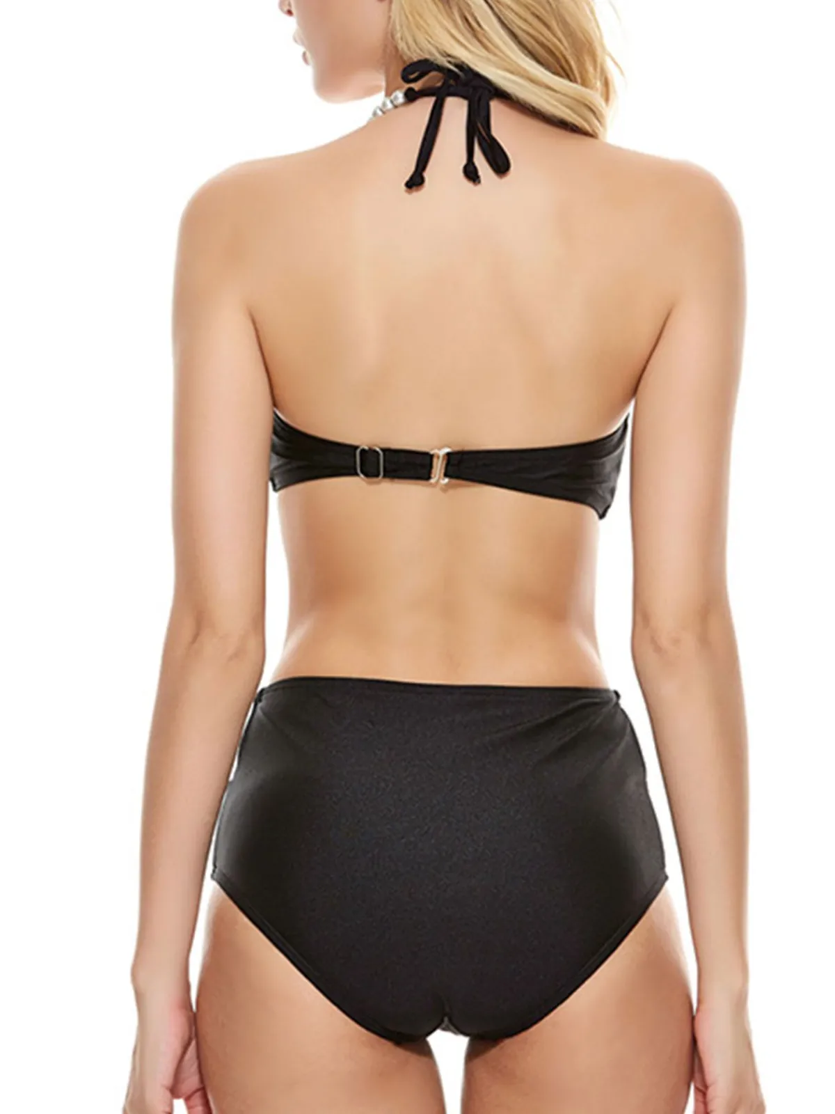 Hot Retro Stage 1960s Shell Pearl Halter Bikini Set Black