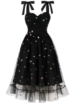 Hot Retro Stage 1950s Shoulder Tie Stars Mesh Dress Black