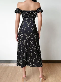 Sale Retro Stage 1960s Side Slit Ditsy Floral Off-Shoulder Dress Black