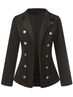 Online Retro Stage 1950s Silver Buttons Solid Coat Black