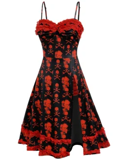 Hot Retro Stage 1950s Skull Lace Strap Dress Black