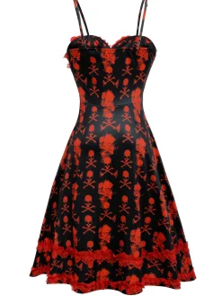 Hot Retro Stage 1950s Skull Lace Strap Dress Black