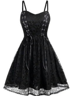 Clearance Retro Stage Black 1980s Skull Pattern Gothic Style Dress