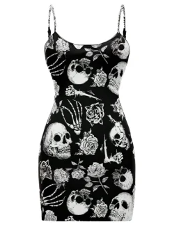 Hot Retro Stage 1960s Skull Rose Halloween Bodycon Dress Black