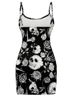 Hot Retro Stage 1960s Skull Rose Halloween Bodycon Dress Black