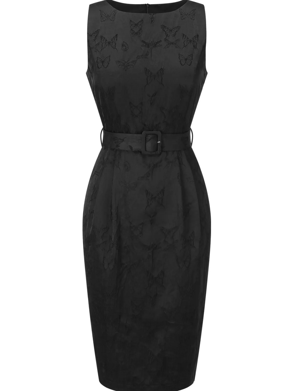 Online Retro Stage 1960s Sleeveless Butterflies Belted Solid Dress Black