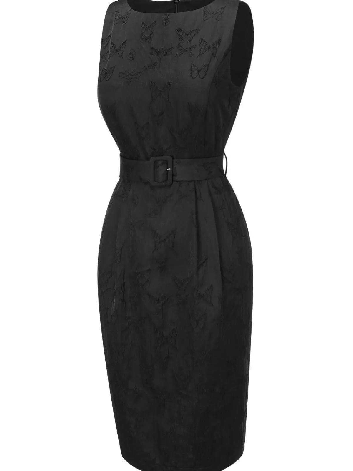 Online Retro Stage 1960s Sleeveless Butterflies Belted Solid Dress Black