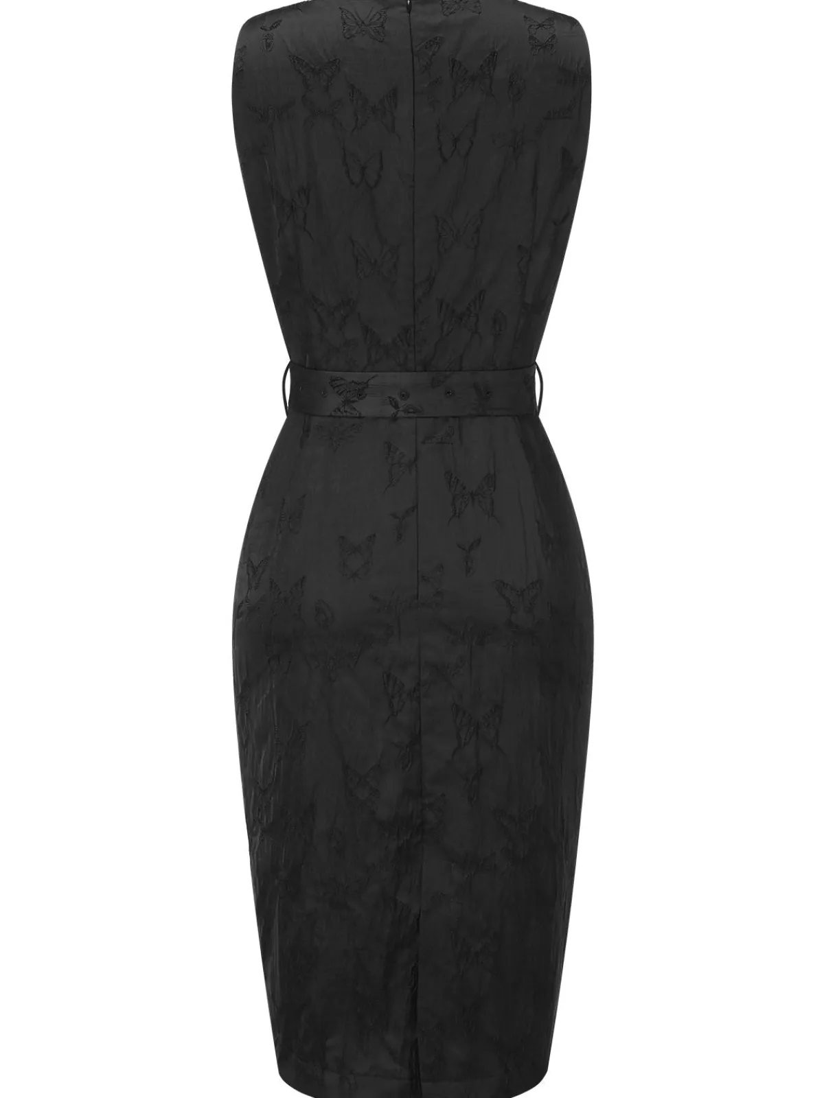 Online Retro Stage 1960s Sleeveless Butterflies Belted Solid Dress Black