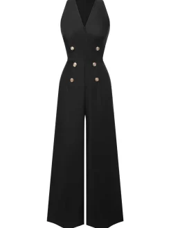 Hot Retro Stage Black 1950s Sleeveless Buttoned Solid Jumpsuit