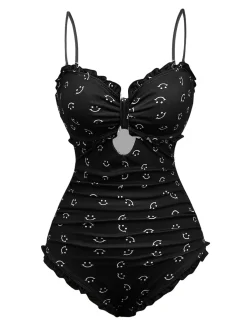 Outlet Retro Stage 1930s Smile Print Ruffles Spaghetti Straps One-Piece Swimsuit Black