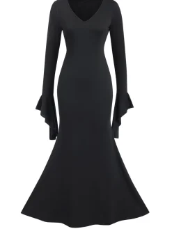 Clearance Retro Stage 1930s Sold Batwing Cuffs Fishtail Dress Black