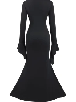 Clearance Retro Stage 1930s Sold Batwing Cuffs Fishtail Dress Black