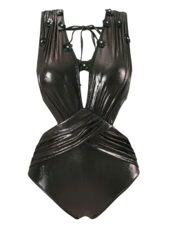 Discount Retro Stage 1970s Solid Appliques Strappy Glossy One-Piece Swimsuit Black