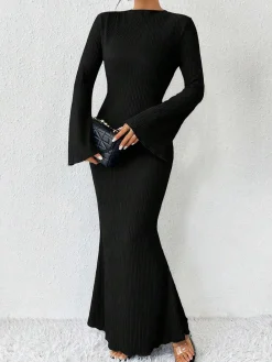 Sale Retro Stage 1930s Solid Bell Sleeves Mermaid Dress Black