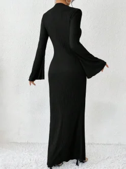 Sale Retro Stage 1930s Solid Bell Sleeves Mermaid Dress Black