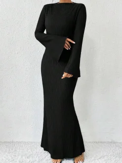 Sale Retro Stage 1930s Solid Bell Sleeves Mermaid Dress Black