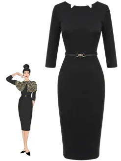 Discount Retro Stage 1960s Solid Boat Neck Wrap Dress Black