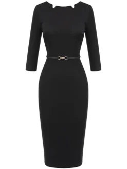 Discount Retro Stage 1960s Solid Boat Neck Wrap Dress Black