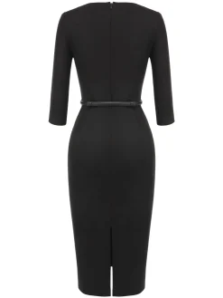 Discount Retro Stage 1960s Solid Boat Neck Wrap Dress Black
