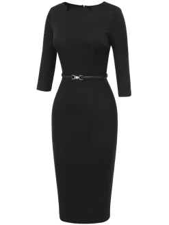 Hot Retro Stage 1960s Solid Boat Neck Wrap Dress Black