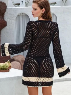 Fashion Retro Stage 1950s Solid Boho Style Hollow Cover Up Black