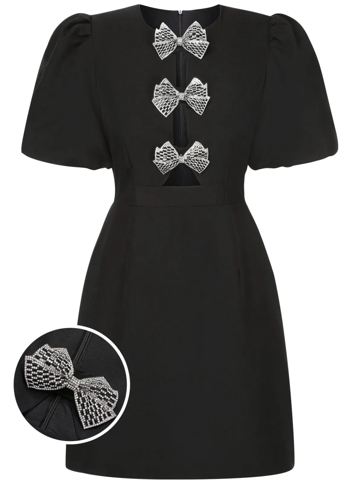 Best Retro Stage 1960s Solid Bow Hollow Puff Dress Black