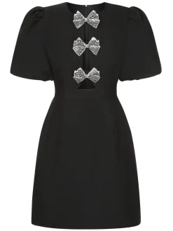 Best Retro Stage 1960s Solid Bow Hollow Puff Dress Black