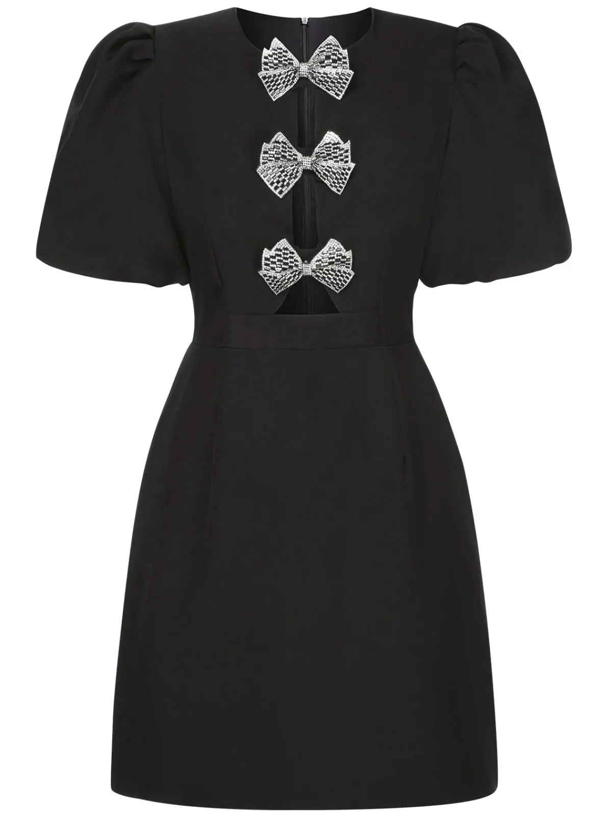Best Retro Stage 1960s Solid Bow Hollow Puff Dress Black