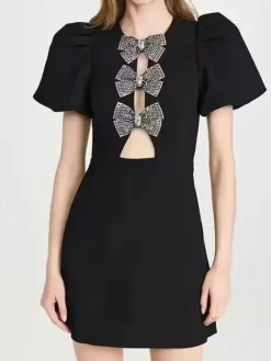 Best Retro Stage 1960s Solid Bow Hollow Puff Dress Black