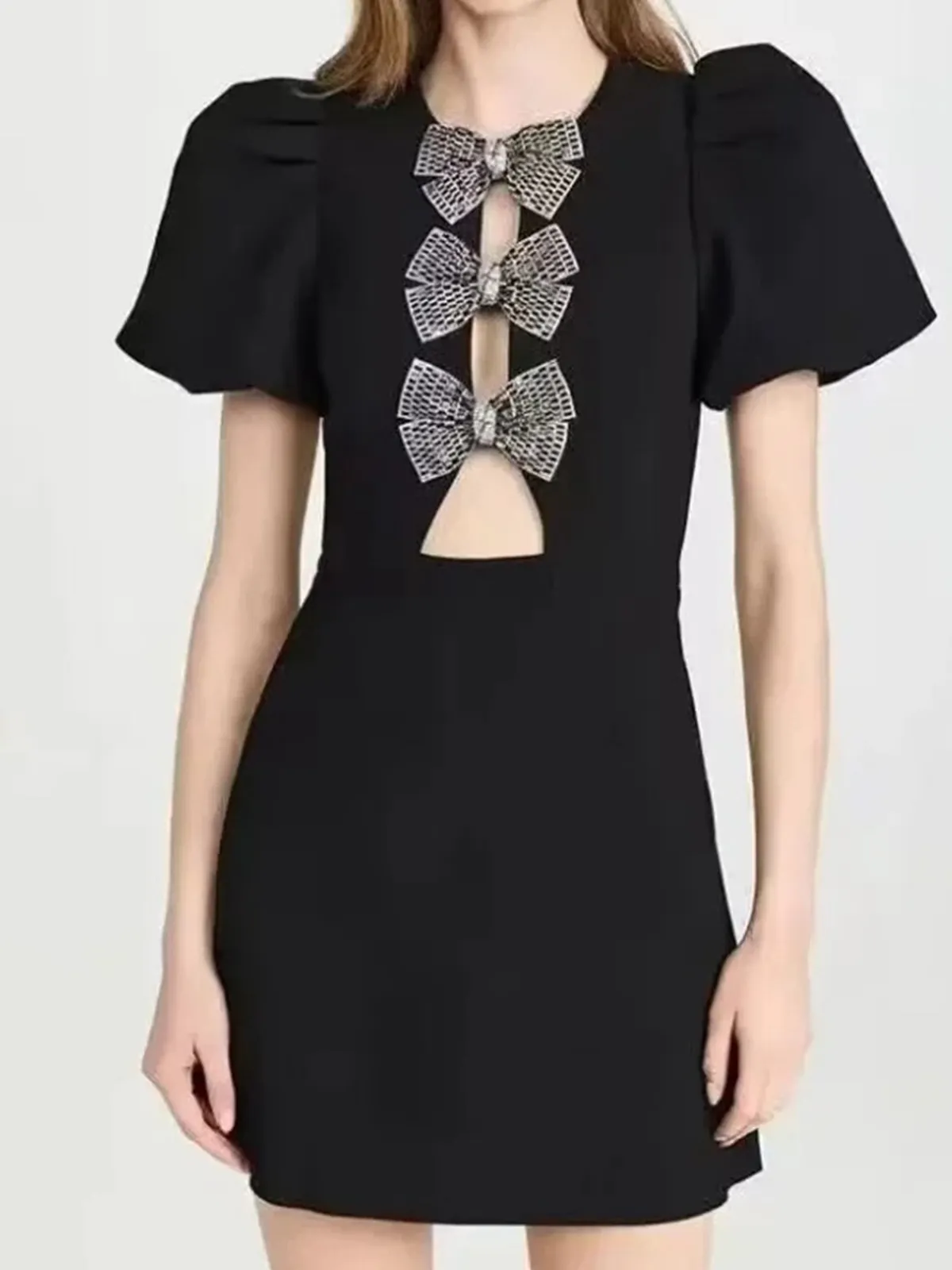 Best Retro Stage 1960s Solid Bow Hollow Puff Dress Black