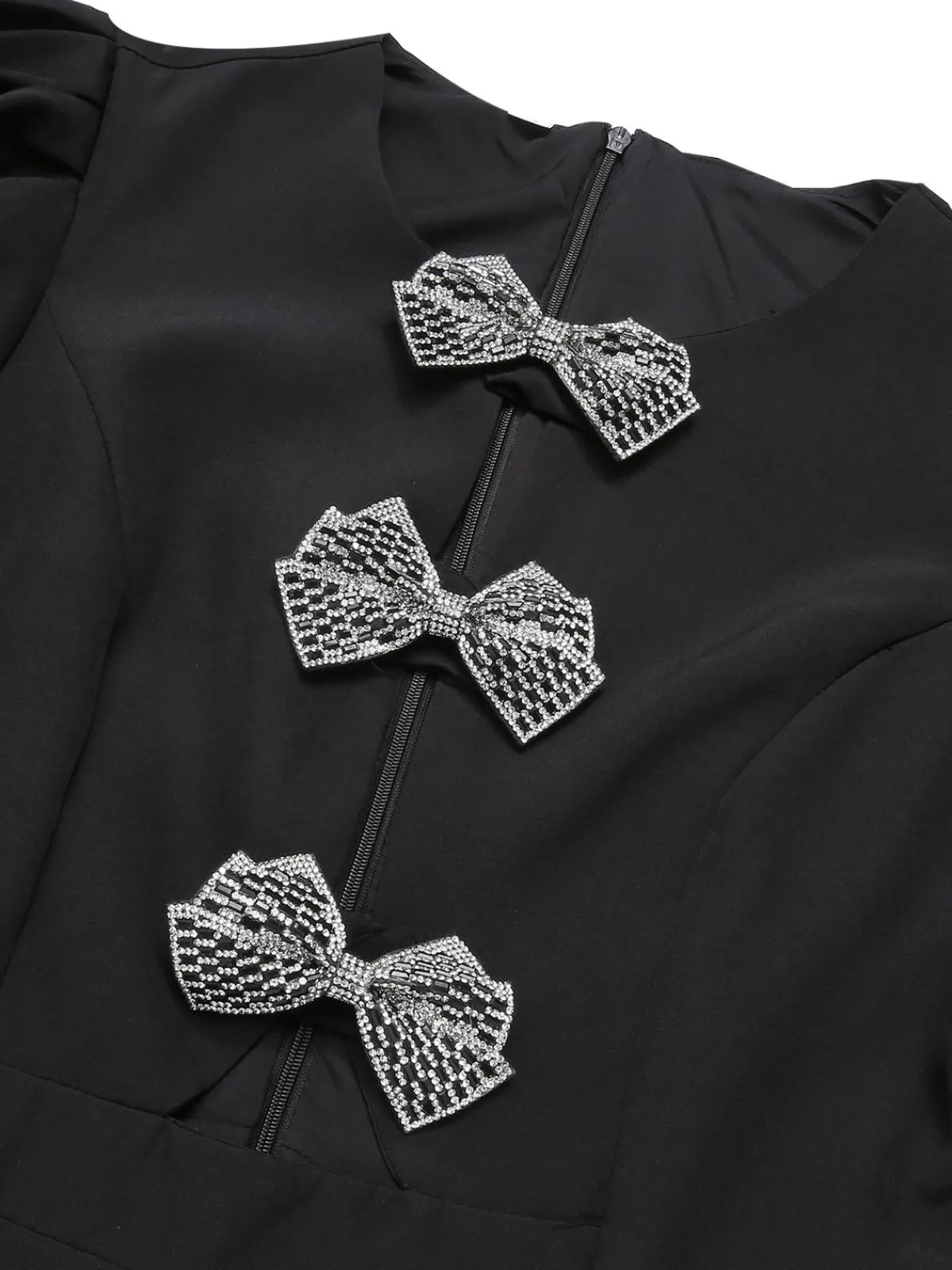 Best Retro Stage 1960s Solid Bow Hollow Puff Dress Black