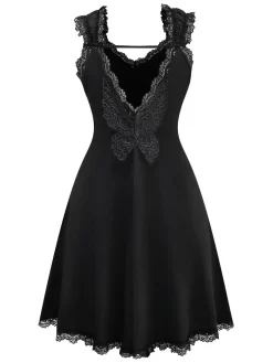Best Retro Stage 1950s Solid Butterfly Backless Nightdress Black