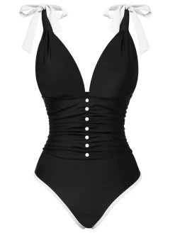 Hot Retro Stage 1950s Solid Button Shoulder Lace-Up Swimsuit Black