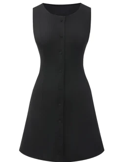 Online Retro Stage 1960s Solid Button Sleeveless Dress Black