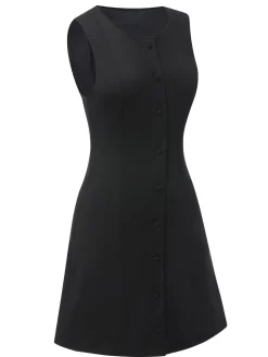 Online Retro Stage 1960s Solid Button Sleeveless Dress Black