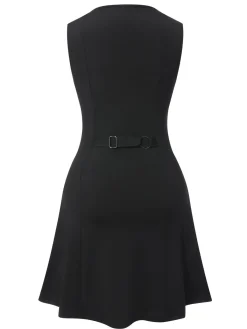 Online Retro Stage 1960s Solid Button Sleeveless Dress Black