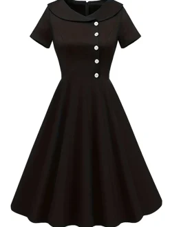 Discount Retro Stage 1940s Solid Buttoned Lapel Dress Black