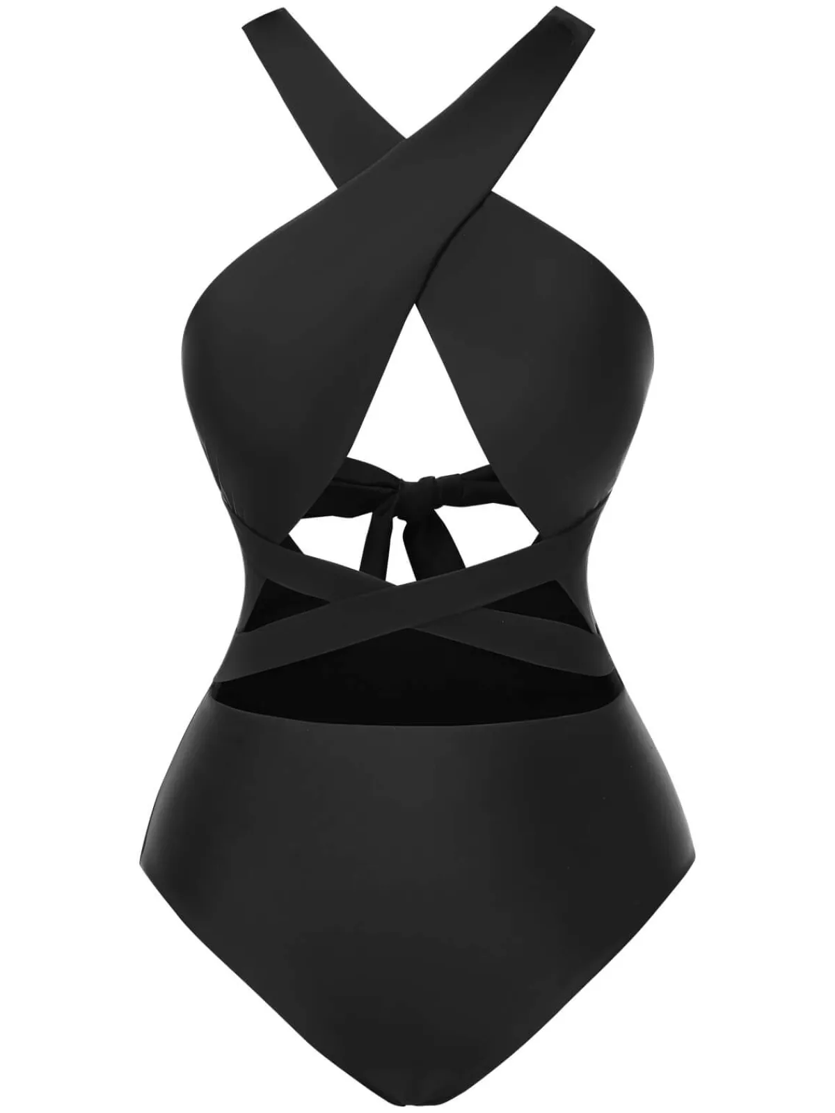 Fashion Retro Stage 1960s Solid Cross Halter Hollow Tie Back Swimsuit Black