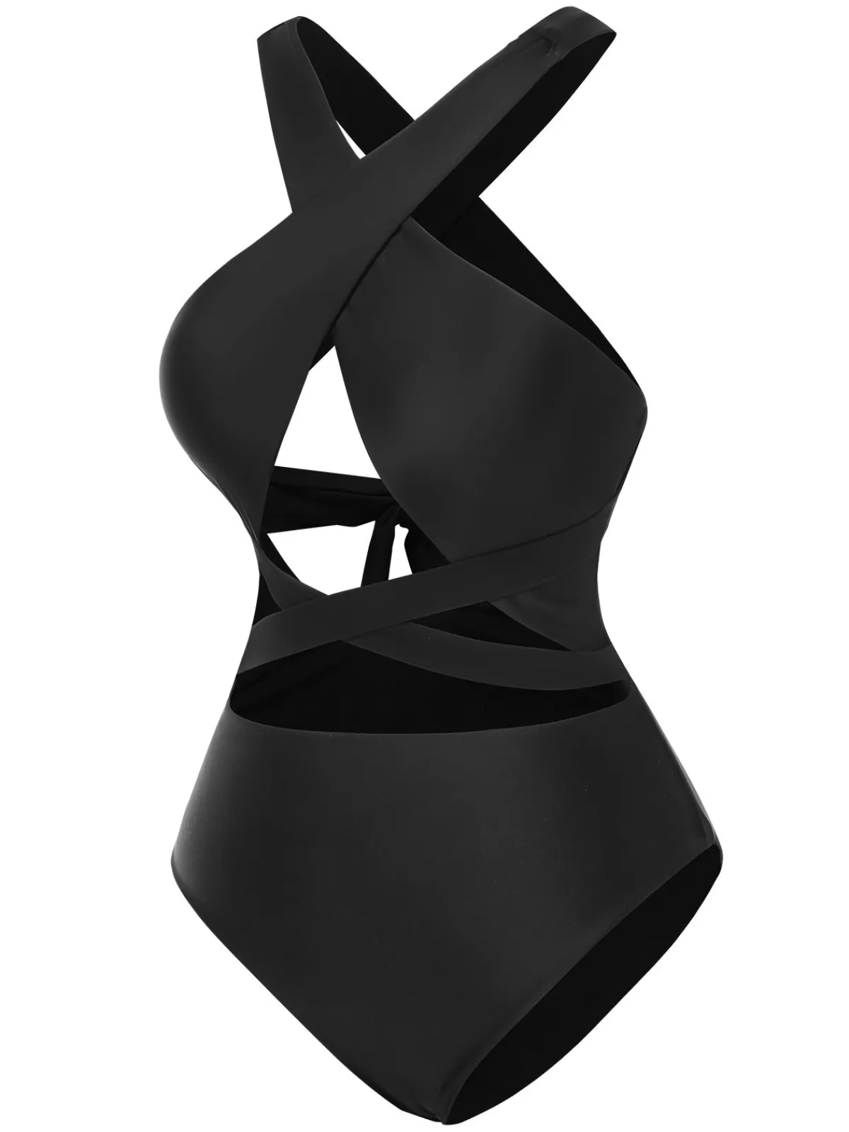 Fashion Retro Stage 1960s Solid Cross Halter Hollow Tie Back Swimsuit Black