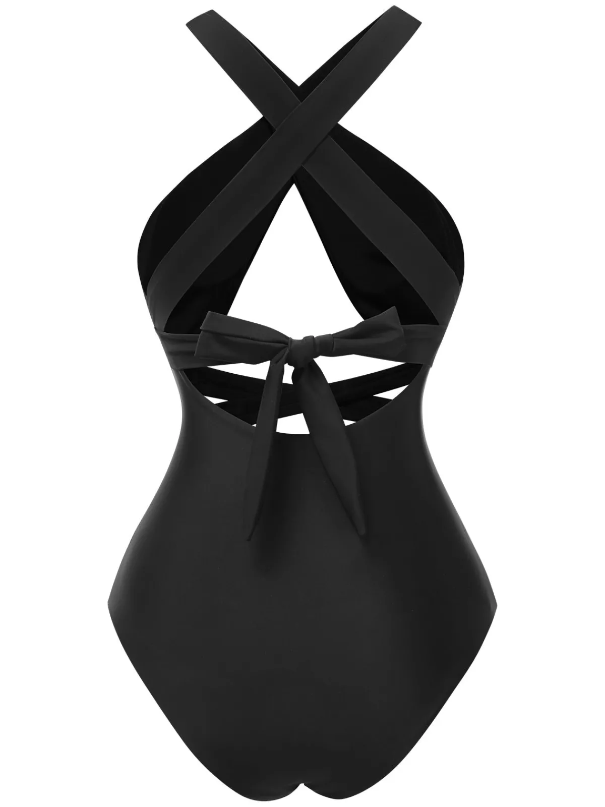 Fashion Retro Stage 1960s Solid Cross Halter Hollow Tie Back Swimsuit Black